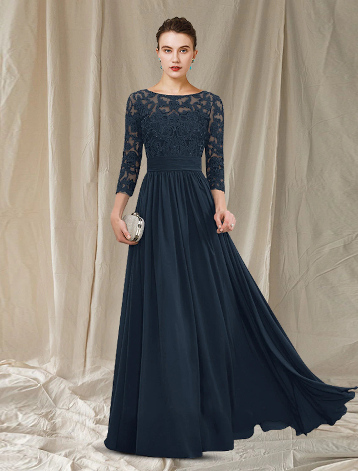 A-Line Mother of the Bride Dress Elegant Jewel Neck Floor Length Chiffon Lace 3/4 Length Sleeve with Pleats Appliques