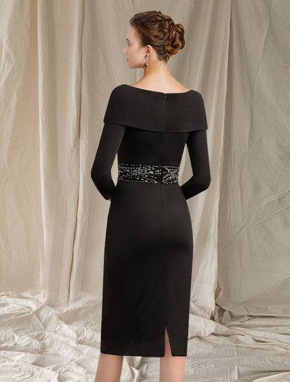 Sheath / Column Mother of the Bride Dress Elegant Jewel Neck Knee Length Stretch Fabric 3/4 Length Sleeve with Beading