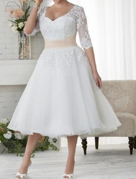 Reception Fall Wedding Dresses A-Line Illusion Neck V Neck Half Sleeve Tea Length Lace Bridal Gowns With Lace Appliques