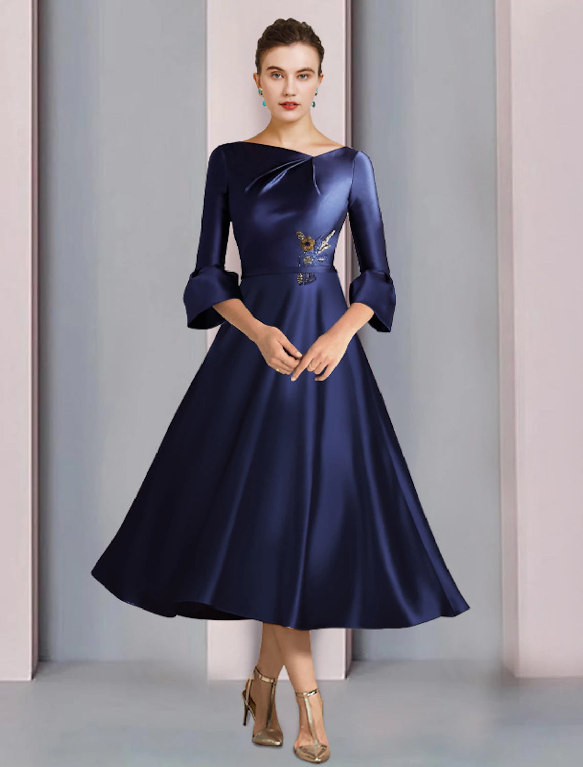 A-Line Mother of the Bride Dress Formal Wedding Guest Elegant Bateau Neck Tea Length Satin 3/4 Length Sleeve with Pleats Beading