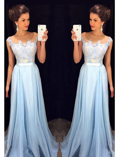 A-Line Prom Dresses Color Block Dress Formal Prom Floor Length Sleeveless Jewel Neck Chiffon with Beading Appliques