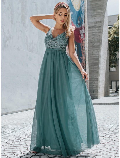 A-Line Empire Holiday Prom Dress V Neck V Back Sleeveless Floor Length Chiffon with Appliques