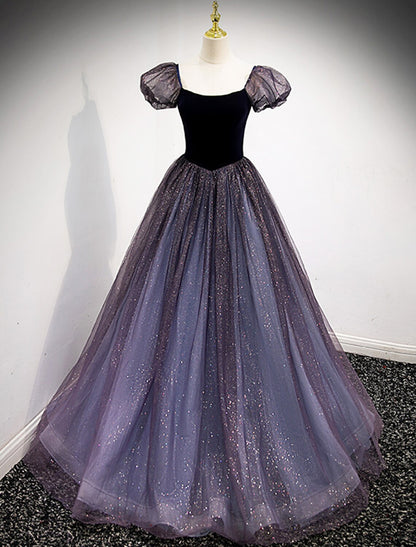 Ball Gown Prom Dresses Cute Dress Engagement Prom Floor Length Short Sleeve Square Neck Tulle with Sequin Splicing