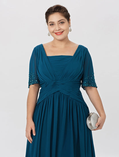 Ball Gown A-Line Mother of the Bride Dress Formal Classic & Timeless Elegant & Luxurious Plus Size Square Neck Floor Length Chiffon Short Sleeve No with Pleats Beading