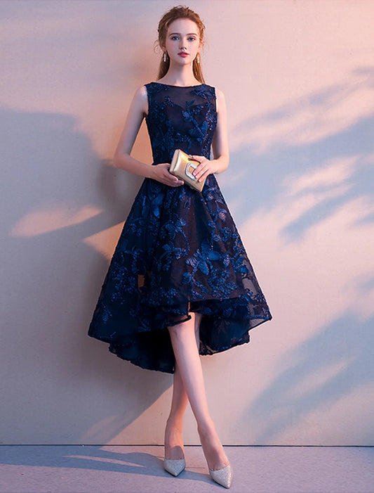 A-Line Cocktail Dresses Minimalist Dress Homecoming Party Wear Asymmetrical Sleeveless Jewel Neck Tulle with Pleats Pattern / Print