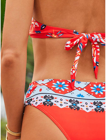 Women's Bikinis Swimsuit Halter Sexy Floral V Neck Summer Vacation Beach Wear Bathing Suits