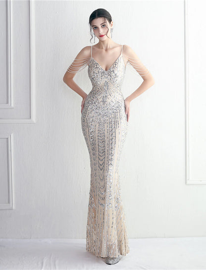 Mermaid / Trumpet Evening Gown Sparkle & Shine Dress Formal Wedding Guest Floor Length Short Sleeve Spaghetti Strap Polyester with Beading Sequin