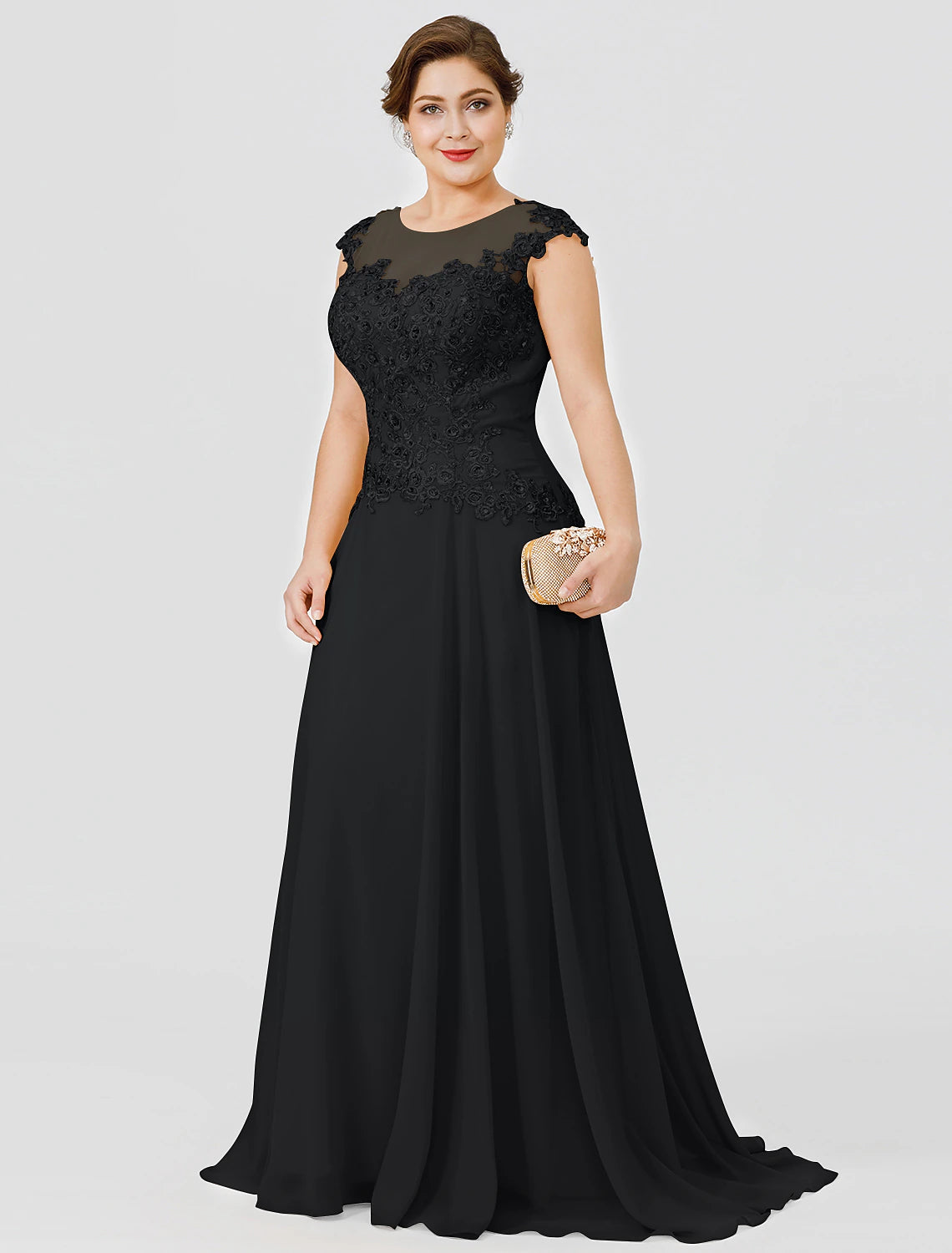 A-Line Mother of the Bride Dress Fall Wedding Guest Dresses Plus Size Elegant Illusion Neck Sweep / Brush Train Chiffon Beaded Lace Short Sleeve with Bow(s) Pleats