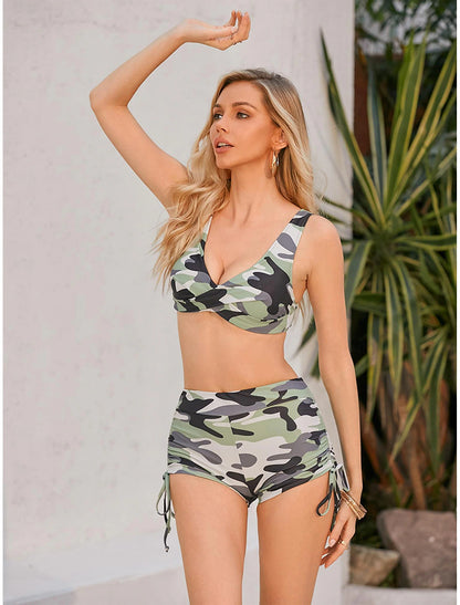 Women's Swimwear Bikini 2 Piece Plus Size Swimsuit Ruched Backless 2 Piece Open Back Slim Camouflage Pure Color Orange Padded V Wire Bathing Suits New Vacation Fashion