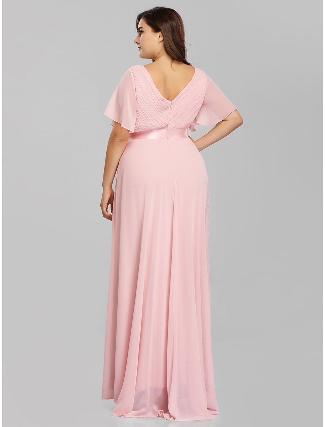 A-Line Mother of the Bride Dress Plus Size Elegant V Neck Floor Length Chiffon Short Sleeve with Sash / Ribbon Ruching