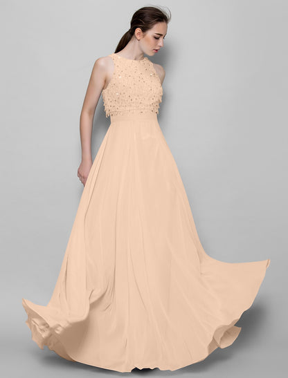 A-Line Bridesmaid Dress Jewel Neck Sleeveless Sparkle & Shine Floor Length Chiffon with Beading / Sequin