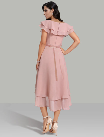 A-Line Wedding Guest Dresses Tiered Plisse Dress Cocktail Party Semi Formal Tea Length Short Sleeve V Neck Belt / Sash Chiffon with Beading