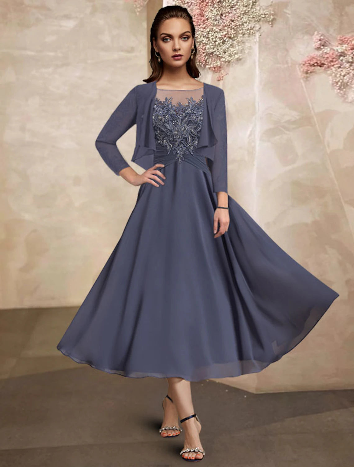 Two Piece A-Line Mother of the Bride Dress Plus Size Elegant Jewel Neck Tea Length Chiffon Lace Half Sleeve Wrap Included with Ruched Sequin Ruffles