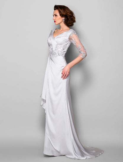 A-Line Mother of the Bride Dress V Neck Sweep / Brush Train Satin Chiffon 3/4 Length Sleeve with Criss Cross Beading Appliques