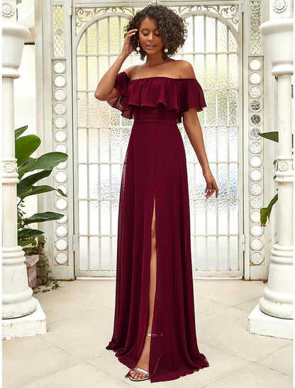 A-Line Bridesmaid Dress Off Shoulder Sleeveless Elegant Floor Length Chiffon with Ruffles / Draping