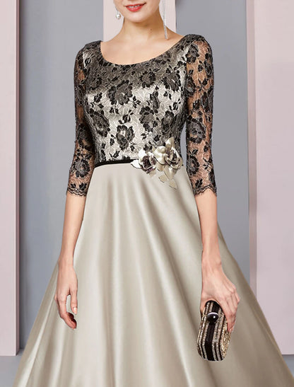 A-Line Mother of the Bride Dress Formal Church Party Elegant Scoop Neck Tea Length Satin Lace Half Sleeve with Flower