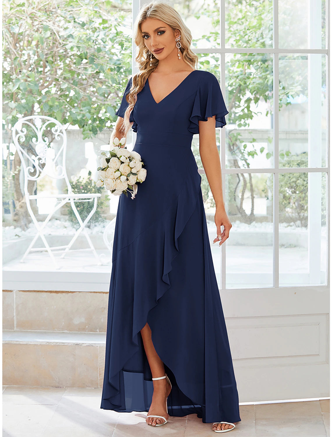 A-Line Wedding Guest Dresses Casual Dress Party Dress Wedding Party Asymmetrical Short Sleeve V Neck Bridesmaid Dress Chiffon with Ruffles