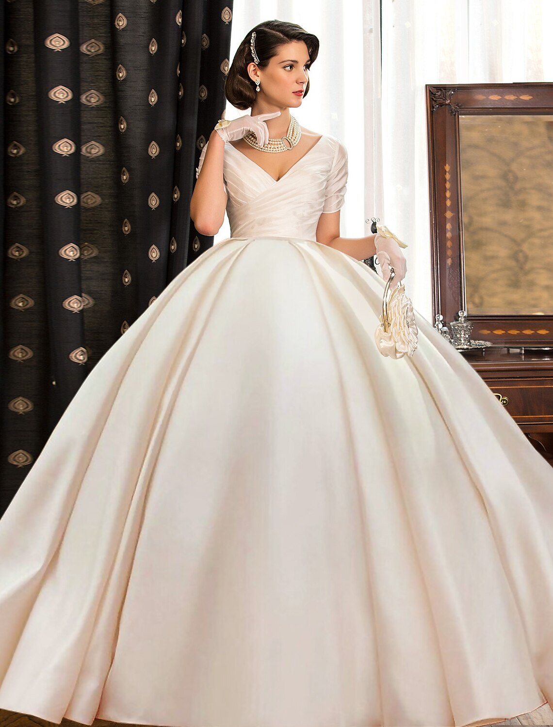 Engagement Formal Fall Wedding Dresses Ball Gown V Neck Short Sleeve Court Train Satin Bridal Gowns With Ruched Solid