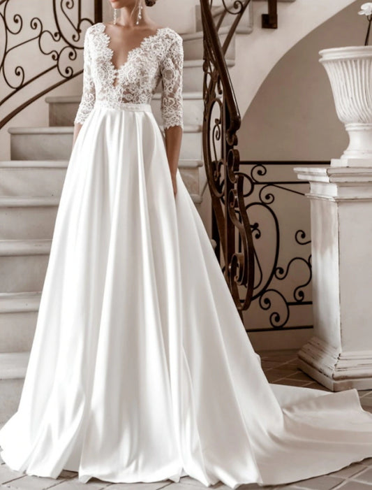 Engagement Formal Fall Wedding Dresses A-Line V Neck Half Sleeve Court Train Satin Bridal Gowns With Pearls Appliques