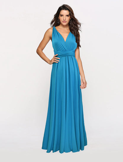 A-Line Bridesmaid Dress Halter / V Neck Sleeveless Convertible Floor Length Spandex with Sash / Ribbon / Pleats