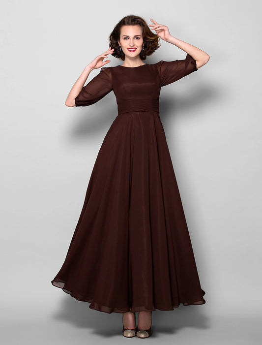 A-Line Mother of the Bride Dress Elegant Jewel Neck Ankle Length Chiffon Half Sleeve with Sash / Ribbon Ruched