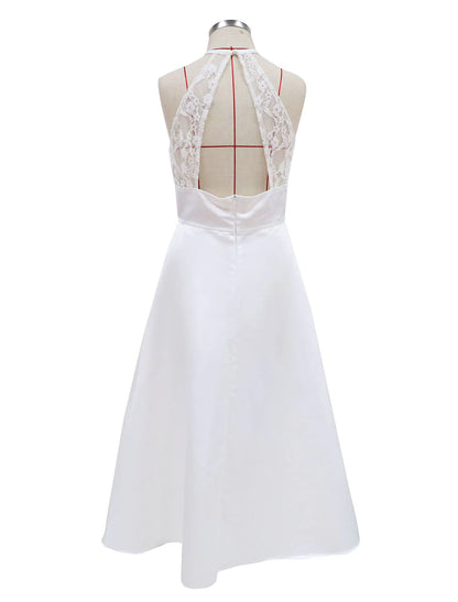 Reception Little White Dresses Wedding Dresses A-Line Halter Sleeveless Tea Length Satin Bridal Gowns