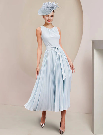 Two Piece A-Line Mother of the Bride Dress Wedding Guest Party Vintage Elegant Scoop Neck Tea Length Chiffon Sleeveless Wrap Included with Bow(s) Pleats