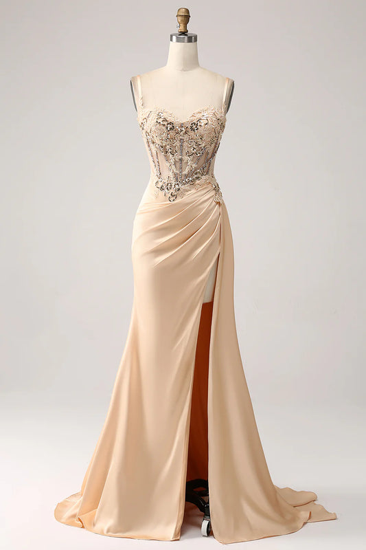 Beaira Elegant Champagne Mermaid Pleated Satin Prom Dress With Appliques