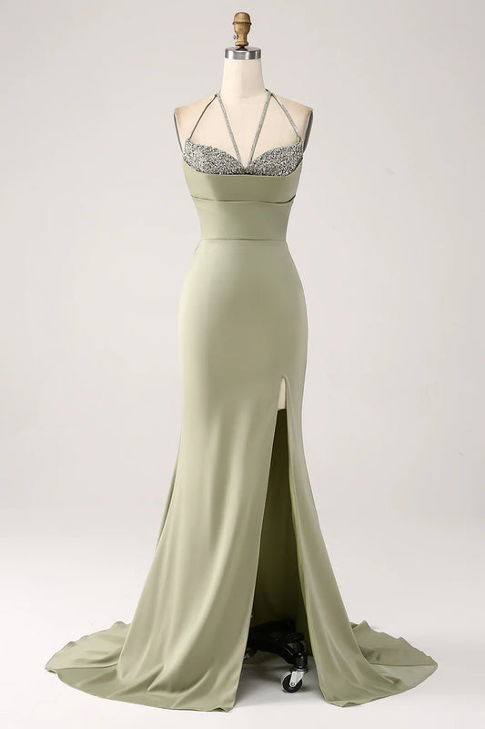 Beaira Sheath Pistachio V-Neck Beaded Long Prom Dress With Slit