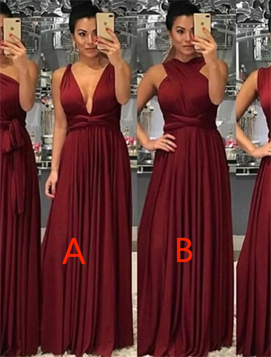 A-Line Bridesmaid Dress V Neck Sleeveless Convertible Floor Length Spandex with Sash / Ribbon / Pleats