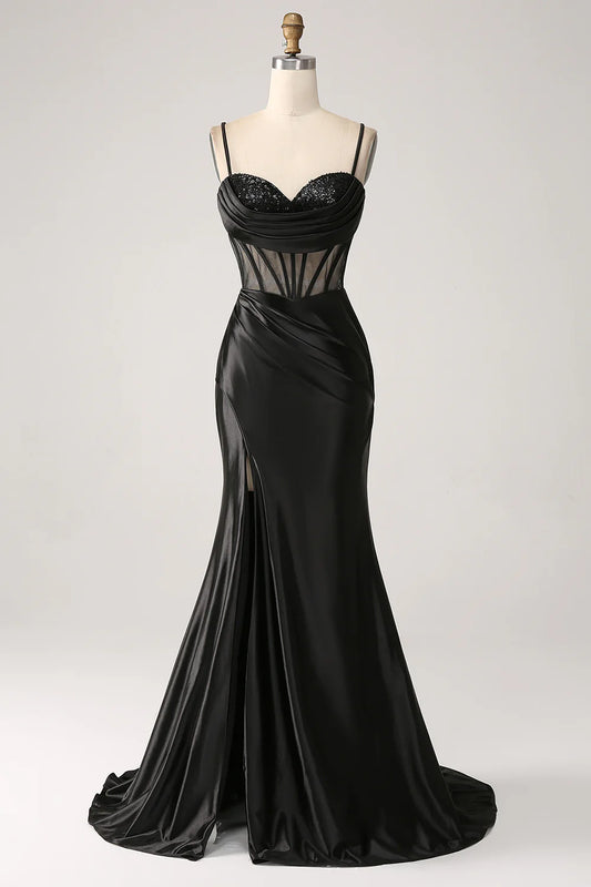 Beaira Mermaid Sweetheart Black Satin Long Prom Dress With Beading