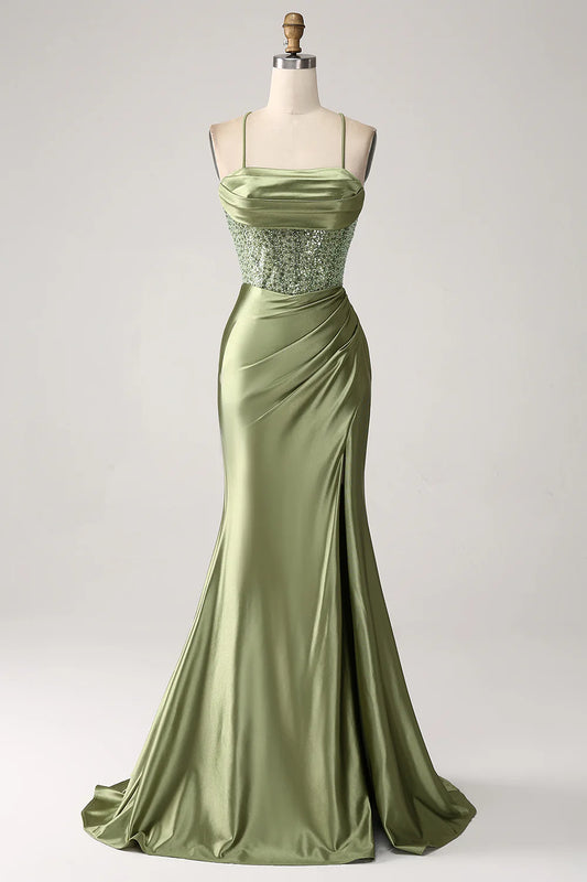 Beaira Army Green Mermaid Cowl Neckline Sequin Long Prom Dress With Slit