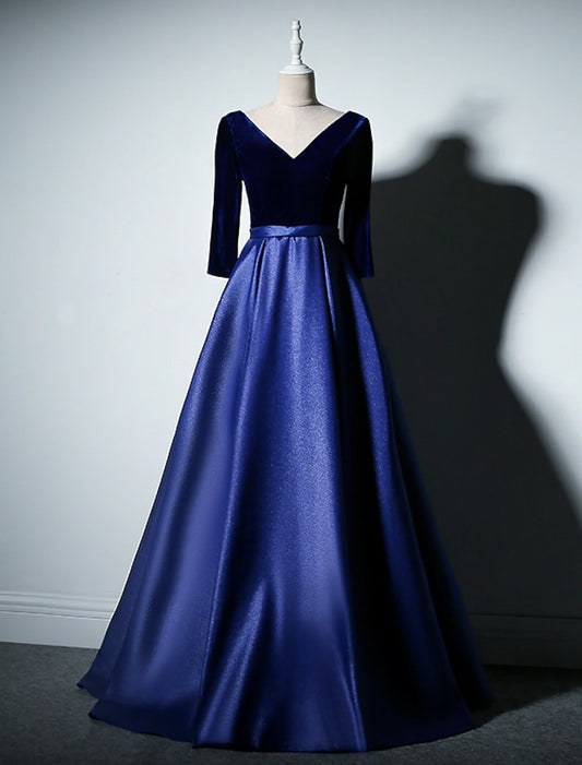 A-Line Mother of the Bride Dress Simple Elegant V Neck Floor Length Taffeta Velvet Long Sleeve with Pleats