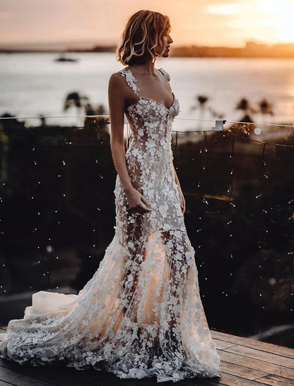 Beach Sexy Boho Wedding Dresses Mermaid / Trumpet Sweetheart Regular Straps Court Train Lace Bridal Gowns With Appliques Summer Fall Wedding Party