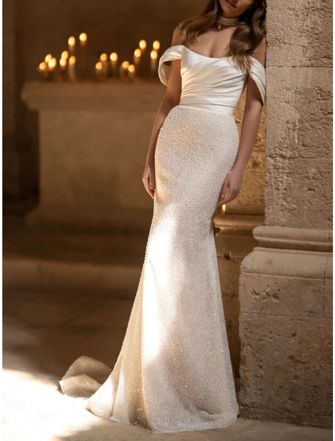 Formal Wedding Dresses Mermaid / Trumpet Off Shoulder Sleeveless Court Train Satin Bridal Gowns With Pleats Solid Color