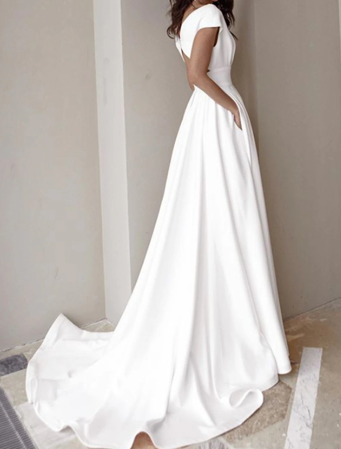 Hall Casual Wedding Dresses A-Line V Neck Cap Sleeve Sweep / Brush Train Stretch Fabric Bridal Gowns With Split Front