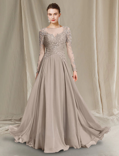 A-Line Mother of the Bride Dress Luxurious Elegant Jewel Neck Floor Length Chiffon Lace Long Sleeve with Pleats Appliques