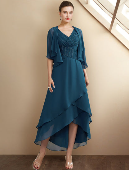 A-Line Mother of the Bride Dress Elegant High Low V Neck Asymmetrical Tea Length Chiffon Sleeveless Wrap Included with Beading Cascading Ruffles Side-Draped