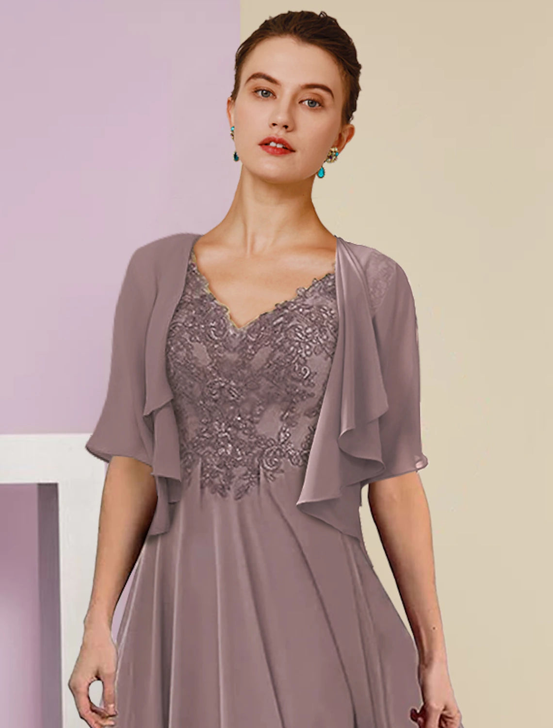 Two Piece A-Line Mother of the Bride Dress Formal Wedding Guest Elegant V Neck Tea Length Chiffon Lace Short Sleeve Jacket Dresses with Pleats Appliques