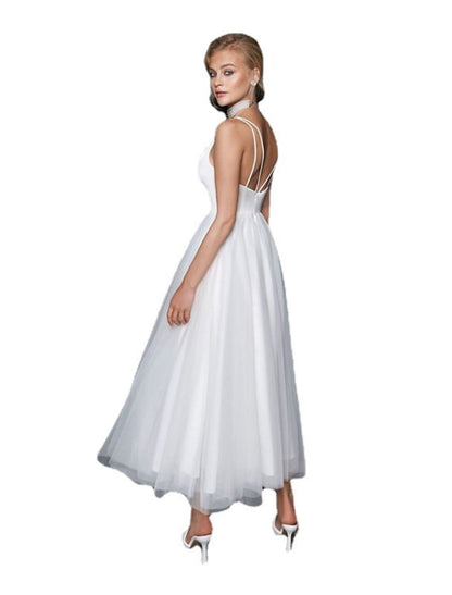 Reception Little White Dresses Casual Wedding Dresses A-Line Camisole V Neck Spaghetti Strap Ankle Length Tulle Bridal Gowns With Solid