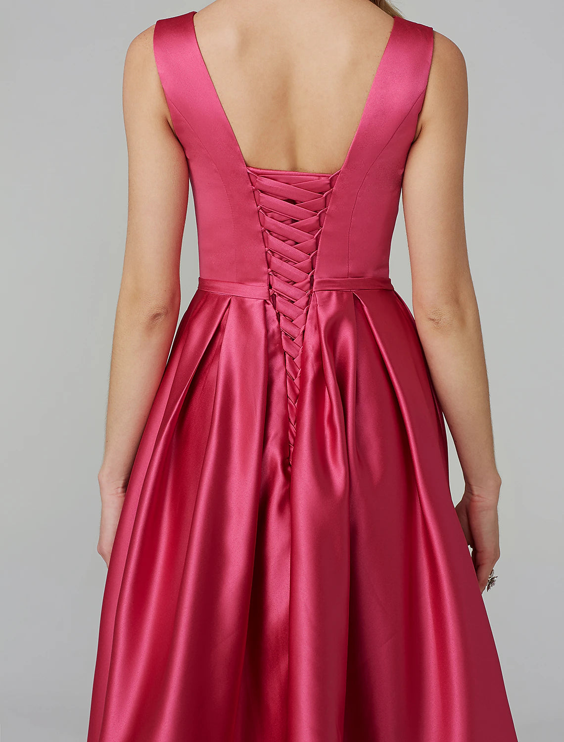 A-Line Party Dress Wedding Guest Cocktail Party Knee Length Sleeveless V Wire Pink Dress Satin with Sash / Ribbon