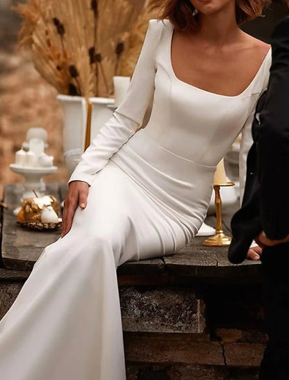 Reception Open Back Royal Style Casual Fall Wedding Dresses Mermaid / Trumpet Square Neck Long Sleeve Court Train Satin Bridal Gowns With Solid Color Summer Wedding Party