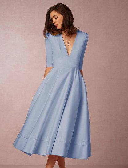 A-Line Special Occasion Dresses Party Dress Holiday Wedding Guest Tea Length Half Sleeve V Neck Pocket Jersey with Pleats