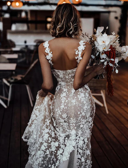 Beach Sexy Boho Wedding Dresses Mermaid / Trumpet Sweetheart Regular Straps Court Train Lace Bridal Gowns With Appliques Summer Fall Wedding Party