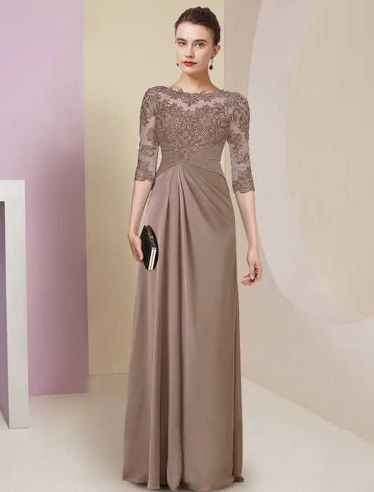 Sheath / Column Mother of the Bride Dress Simple Elegant Jewel Neck Floor Length Chiffon Lace Half Sleeve with Pleats Solid