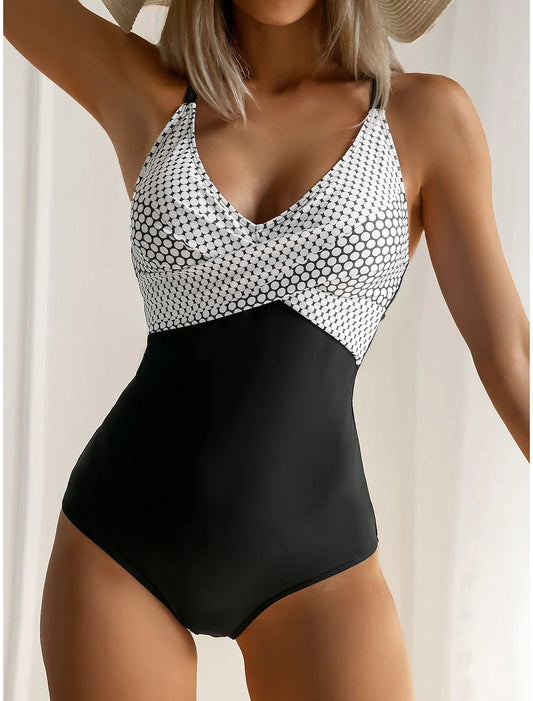 Women's Swimwear One Piece Swimsuit Ruched Criss Cross Polka Dot Strap Stylish Bathing Suits