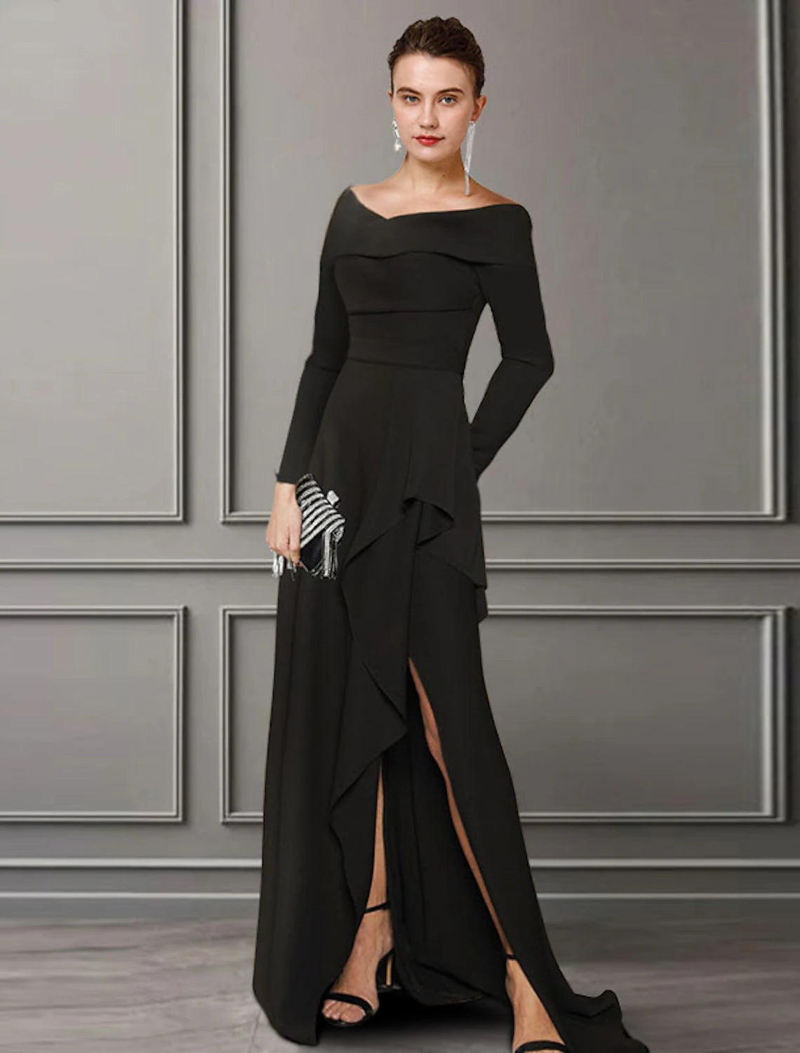 A-Line Mother of the Bride Dress Elegant Off Shoulder Sweep / Brush Train Lace Stretch Fabric Long Sleeve with Ruched