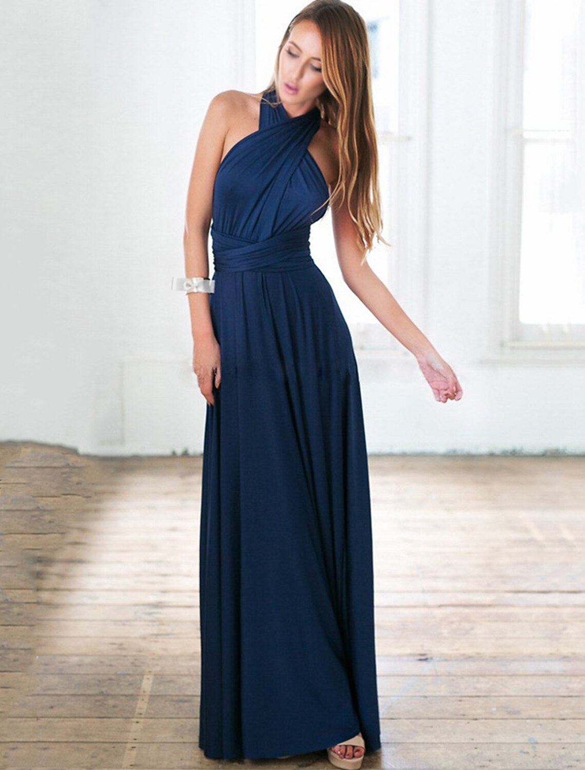 A-Line Bridesmaid Dress Halter / V Neck Sleeveless Convertible Floor Length Spandex with Sash / Ribbon / Pleats