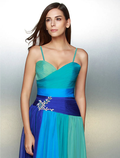 A-Line Color Block Dress Wedding Guest Prom Floor Length Sleeveless Sweetheart Chiffon Backless with Ruched Crystals