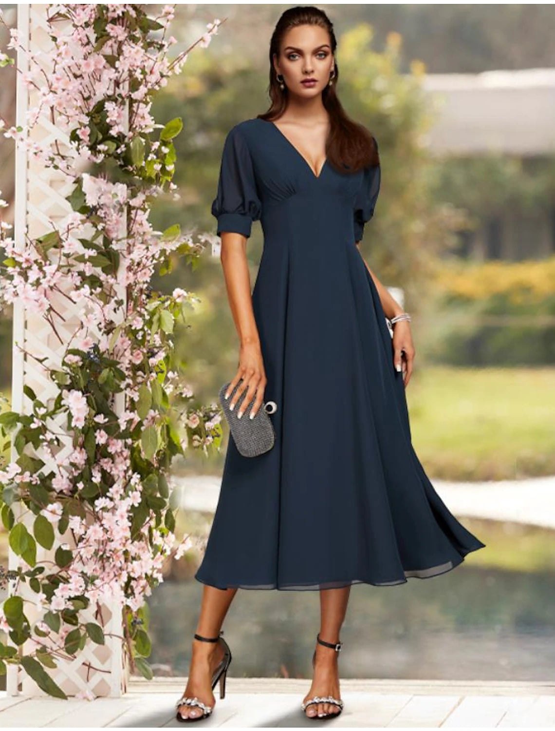 A-Line Mother of the Bride Dress Wedding Guest Plus Size Elegant Jewel Neck Tea Length Chiffon Short Sleeve with Pleats Solid